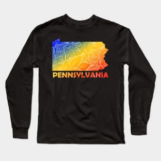 Colorful mandala art map of Pennsylvania with text in blue, yellow, and red Long Sleeve T-Shirt